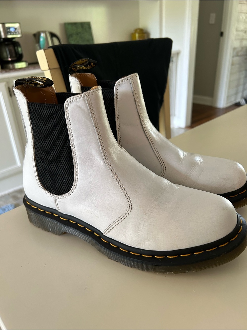 Dr. Martens White Leather Chelsea Combat Boots with Black Elastic